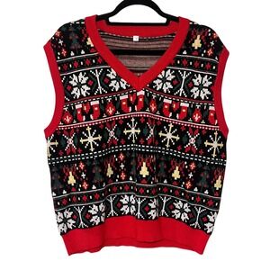 Fair Isle Sweater Vest Holiday Ugly Christmas Red Black V-Neck Snowflakes L